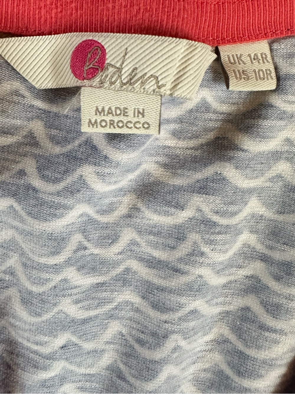 BODEN cotton blend blue & white wave pattern dress w/pink trim size 10R - Picture 4 of 5